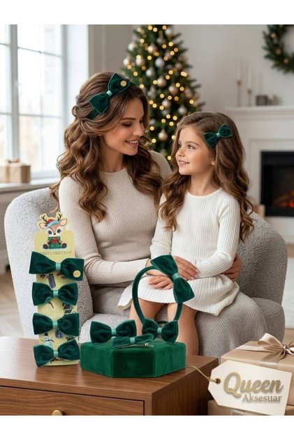 4-Piece Luxury Velvet Bow Special Design Comb Elastic Crown Hairpin Women's Children's Set Emerald Green Christmas
