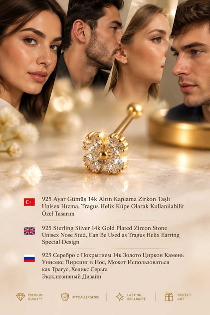 931 Ayar Gümüş 14K Altın Kaplama Zirkon Taşlı Unisex Hızma Küpe Çivi Halka Minimal Tragus Helix Modern Tasarım-309-8