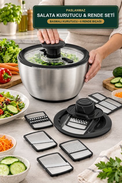 Stainless Steel Salad Dehydrator and Grater Set Pressing Slicer 6 Grater Blades with Lid