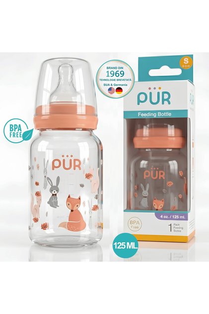 Biberon PUR cu design, 125ml, 0-3 luni, tetină moale din silicon, ușor de curățat, fără BPA, portocaliu
