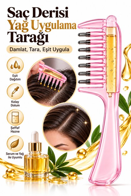 Metal Uçlu Hazneli Saç Dibi Serum ve Bakım Yağı Uygulama Tarağı – Saç Derisi Aplikatörü