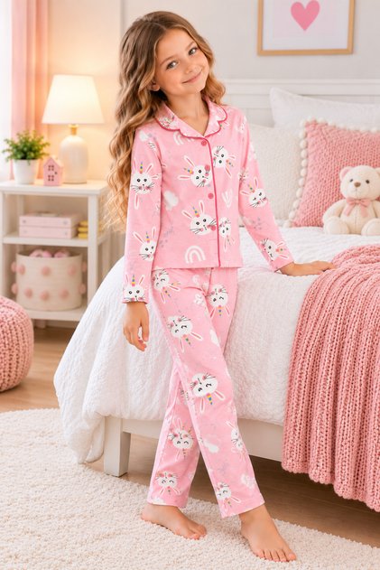 Kız Çocuk Düğmeli-Baskılı Pijama Takımı