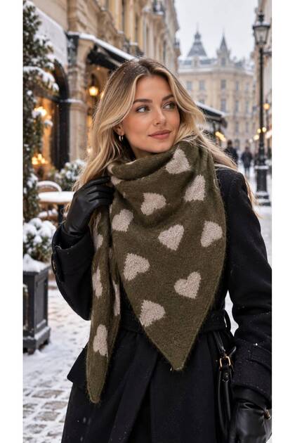 Khaki Heart Patterned Triangle Shawl 175X72 cm