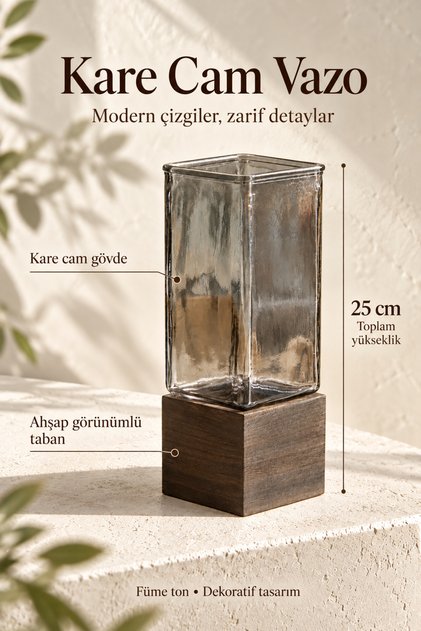 Füme Cam Vazo Ahşap Görünümlü Tabanlı Dekoratif Masa ve Konsol Vazosu