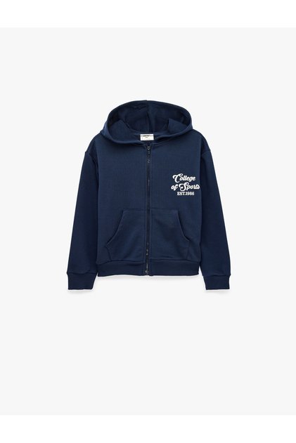 Long Sleeve Printed Oversize Hooded Zippered Sweatshirt with Pockets