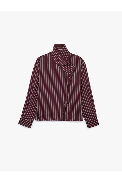 Long Sleeve Plum Color Oversize Stand Collar Striped Shirt