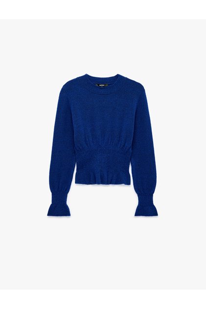 Crew Neck Long Sleeve Wool Sweater with Waist Accent