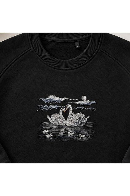 Romantic Swan Lake Embroidered Crew Neck Sweatshirt Unisex in Moonlight