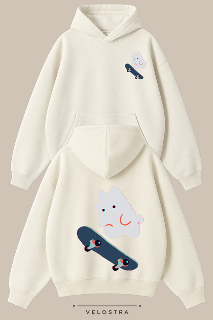 Unisex Skateboard Cat Printed Front and Back Design Oversize 3-Thread Ribbed Hooded Sweatshirt