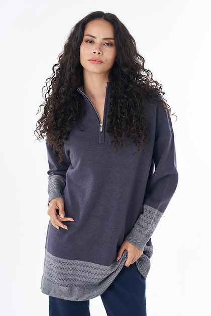 Zipper Collar Patterned Knitwear Tunic Gray
