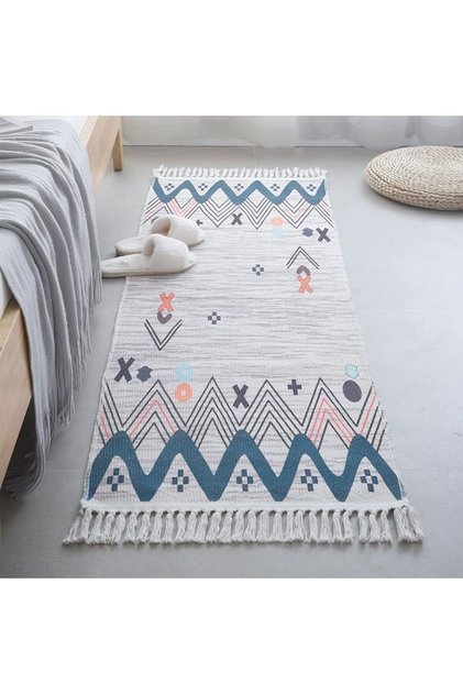 Cotton and Linen Floor Decorative Rug with Tassels for Living Room and Bedroom, Greek Style 50cm X 1.6m, Met