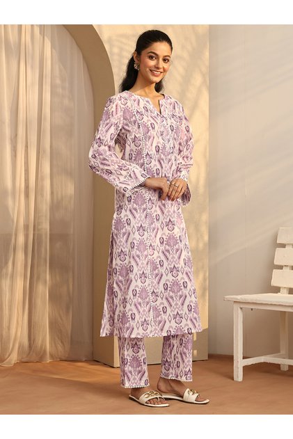 Purple Printed Cotton Straight Kurta and Trousers Set