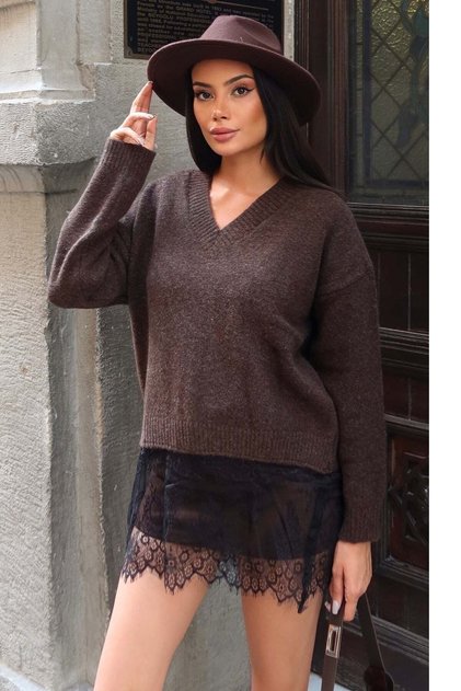 Lace Detailed V-Neck Knit Sweater with Skirt — Brown