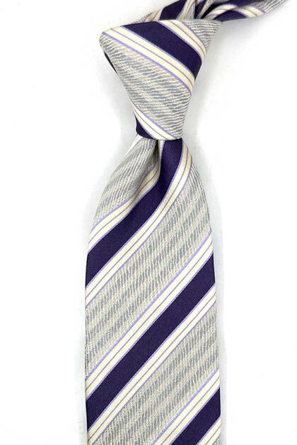 White Purple Line Pattern Italian Silk Tie Ik2623