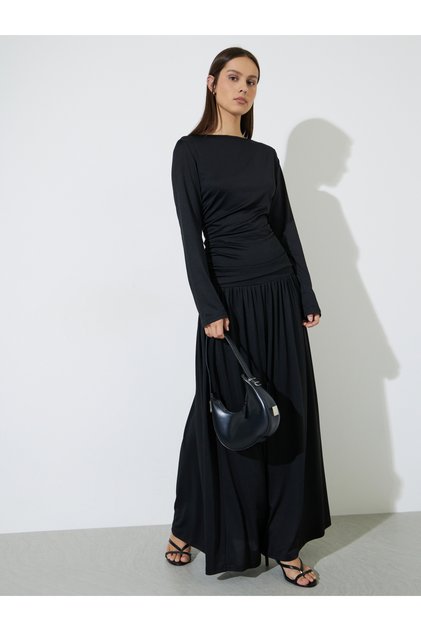 Black Ruched Long-Sleeve Top and Maxi Skirt Co-ord Set