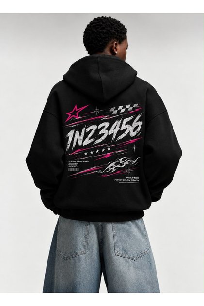 Black 1N23456 Gear Printed Oversize Hooded Sweatshirt Motorcycle Themed