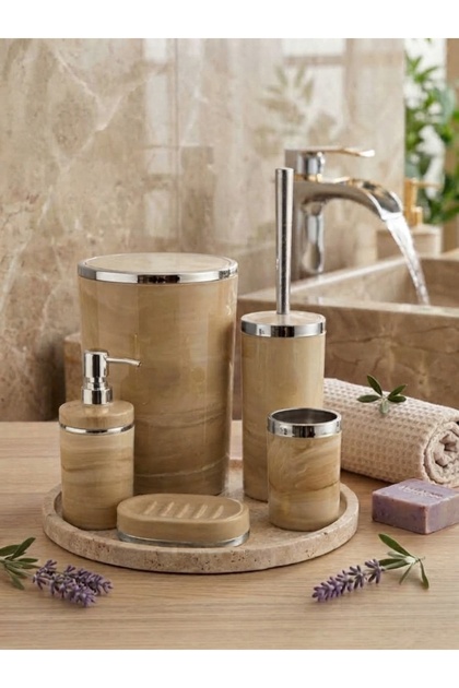 Yuvarlak Mermer Desenli 5'li Banyo Seti - Krem Gümüş