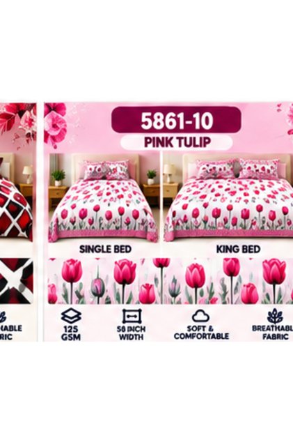 Pink Tulip Single Bedsheet Set 270 * 260cm, 1 king flat sheet with 2 Pillow Covers