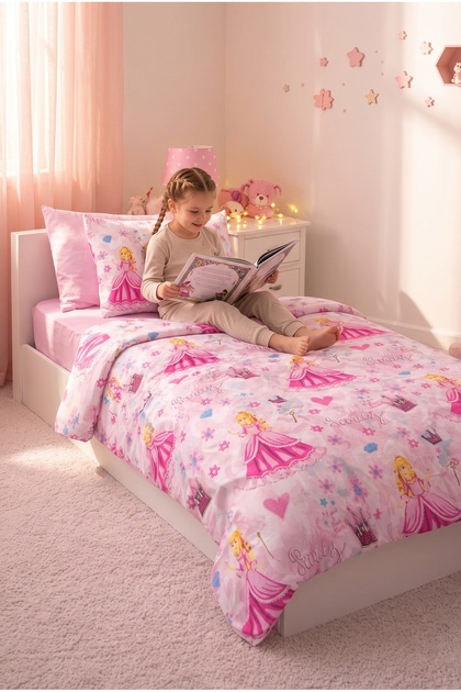 Single Princess Patterned Children's Duvet Cover Set with Elastic Sheets