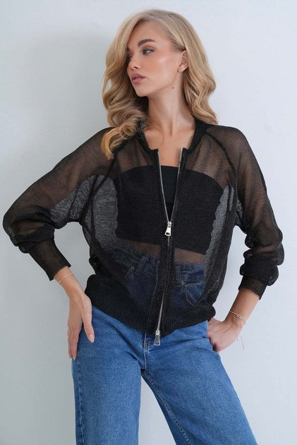 Women's Black Zippered Mesh Jacket Alc-X15902