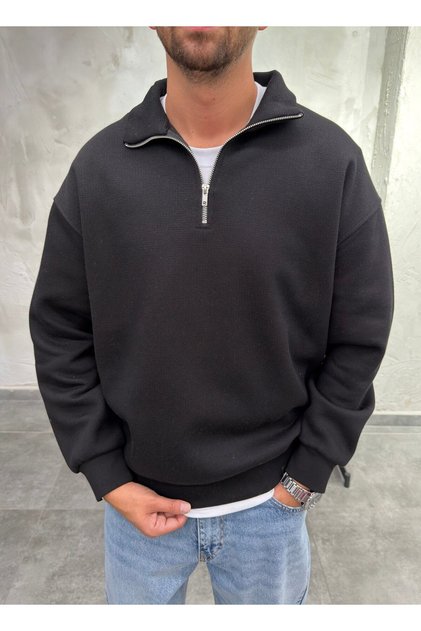 Collared Half-Zip Black Sweatshirt with Ribbon Detail