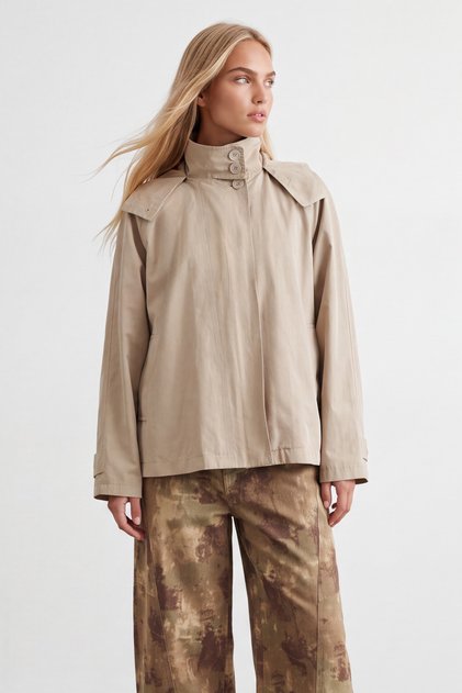 Women's Beige Hooded Oversize Trench Coat with Hidden Placket Alc-X15637