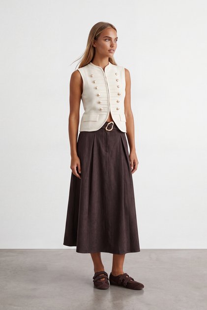 Women's Brown Belt Detailed Double Pocket Denim Skirt Alc-X15635