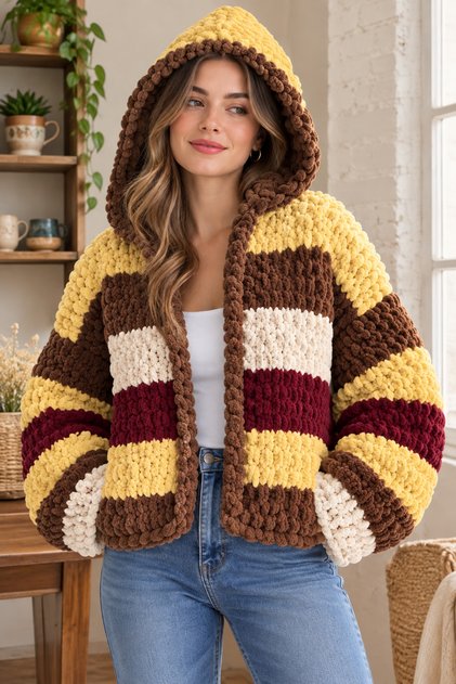 Women's Hand Knitted Puffy Yarn Retro 80's Hooded Yellow Brown Ecru Burgundy Cardigan