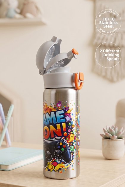 600 ml Stainless Steel Leak-Proof Game on Water Bottle with Straw and Strap