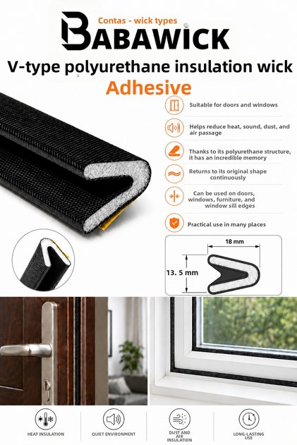 Large V Type Polyurethane Foam Wick, Adhesive Door Window Seal, Sponge Seal, Sound, Dust and Heat Insulation Wick 4 Meters Black
