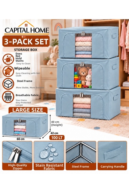 Set of 3 Large Size 60 X 42 X 40 cm Bag with Steel Frame + Transparent Windows + Double Zippers