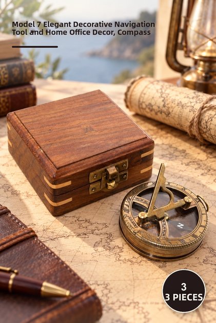 3 Pieces of Compass with Wooden Box – Model 7 Elegant Decorative Navigation Tool and Home Office Decor, Compass Compass