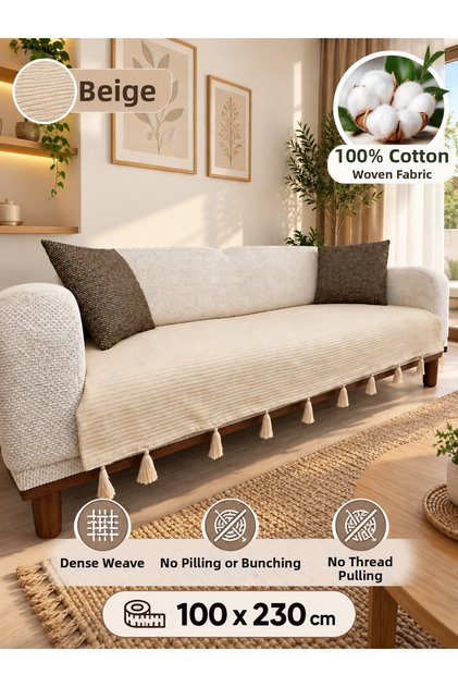100% Cotton Knitted Tassel Sofa Cover 100X230 cm Shawl Model Sofa Shawl Beige