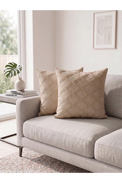 2-Piece Throw Pillow Cover with Pompoms Duck Linen Fabric Modern Design