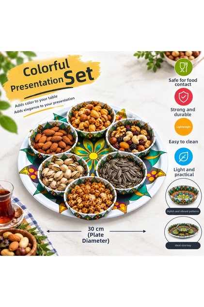 Authentic Patterned 6-Piece Presentation Set: 5 Snack Bowls, Sauce Bowls - 1 Oval Presentation Tray