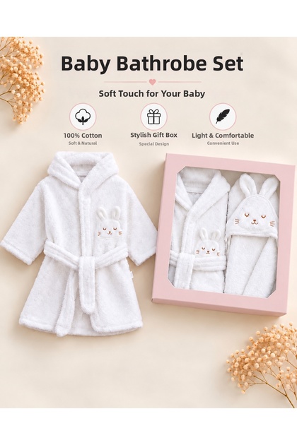 100% Cotton Ecru Rabbit Baby Girl Bathrobe Set / Premium Quality Baby Girl Bathrobe Set / Gift Newborn Bathrobe Set