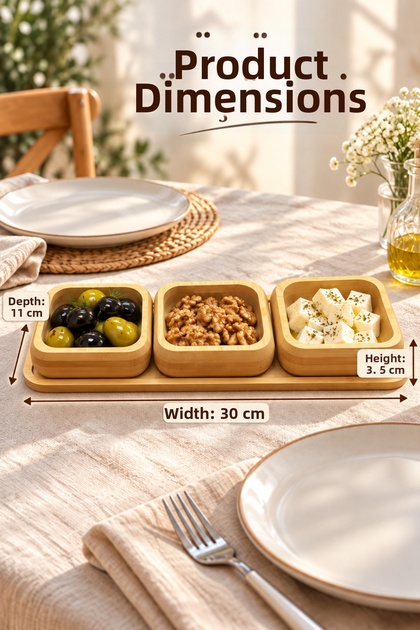Bamboo Trio 3-Piece Square Presentation Bowl Set with Tray – Breakfast, Snack, and Sauce Bowls 30 × 11 cm