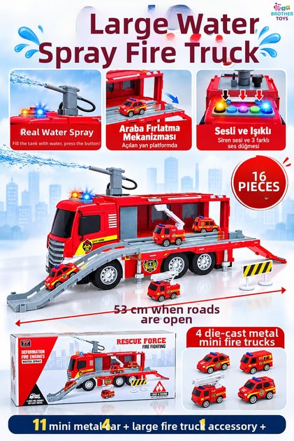 Giant Size Water Spraying Friction Sound and Light Fire Truck with 4 Metal Cars and Car Launching Ramp 30 Cm.