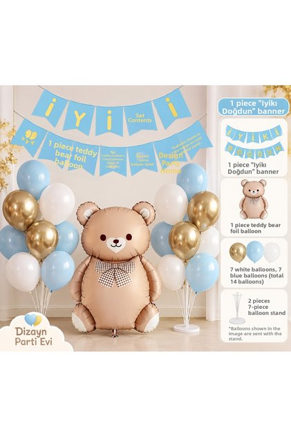 Blue Teddy Bear Birthday Decoration Set – Happy Birthday Banner, Teddy Bear Foil Balloon, 14 Balloons and 2 Balloon Stands