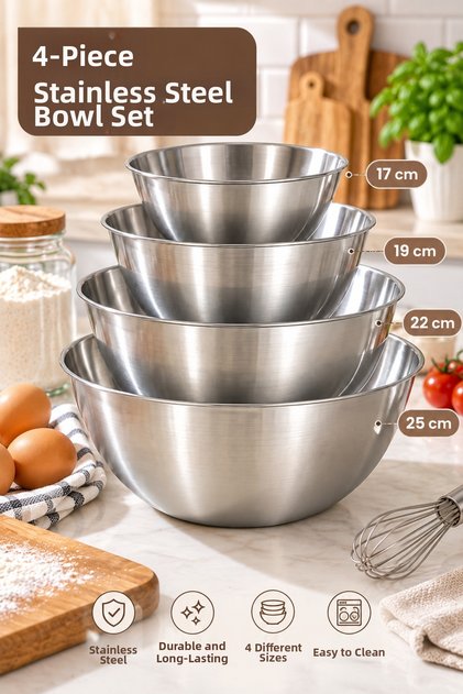 Set of 4 Stainless Steel Mixing Bowls 17-19-22-25 cm Multi-Purpose Kitchen Preparation Container