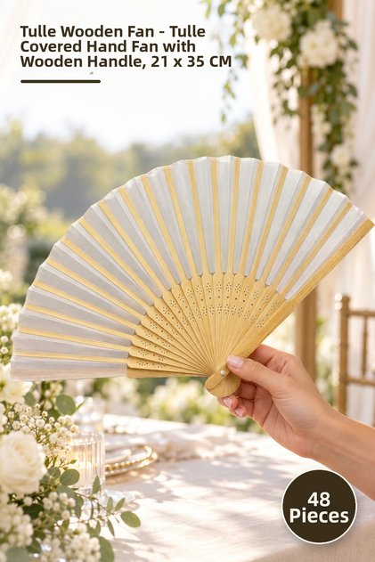 48 Pieces of Tulle Wooden Fans – Tulle Covered Hand Fan with Wooden Handle, 21 X 35 cm Size Fan Hand Fan
