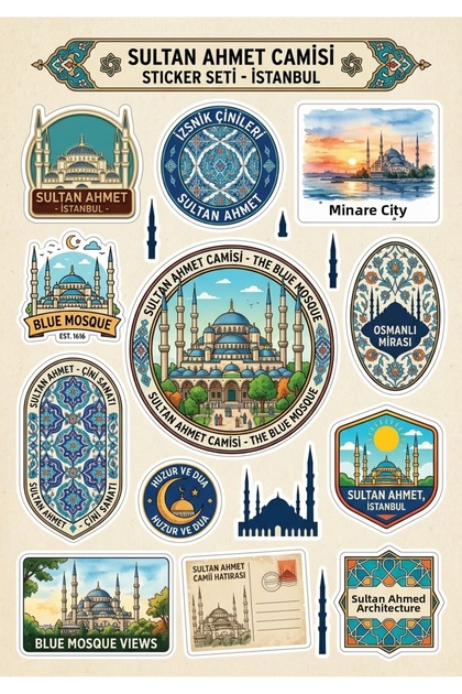 Istanbul Sultan Ahmet Mosque and Tile Patterned Sticker Set – Retro Architecture & Blue Mosque Design Sticker