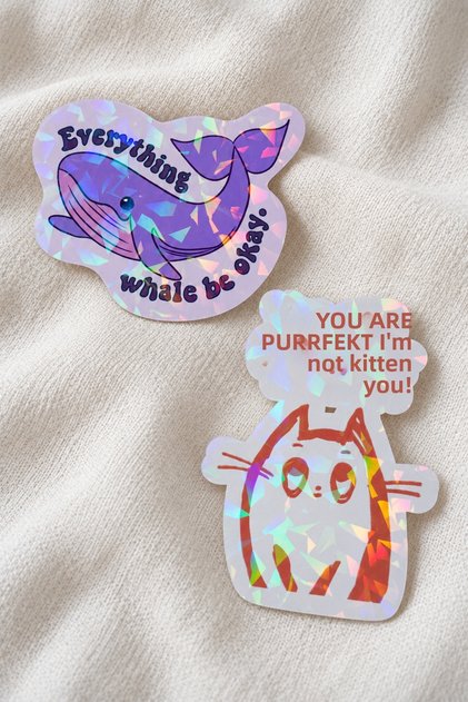 Whale and Purrrfect Cat 2-Piece Hologram Laminated Sticker Set – Laptop, Notebook, Agenda