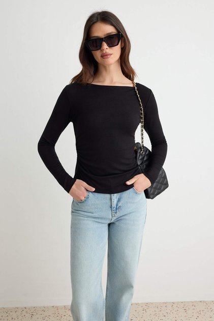 Black Fitted/Bodycon Backless Boat Neck Knitted Soft Blouse Twoaw27Bz00247