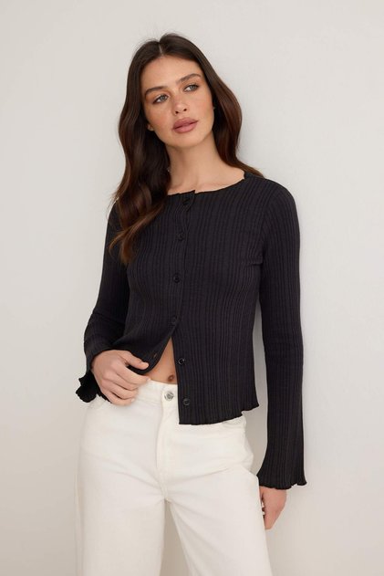 Siyah Jakarlı Fitted/Vücuda Oturan Düğme Detaylı Esnek Örme Bluz TWOAW26BZ00046