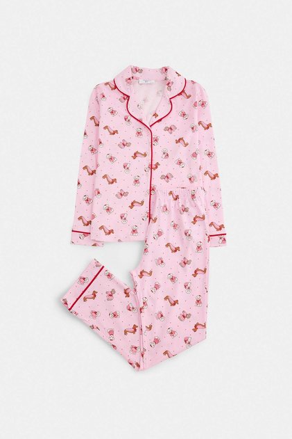 Pembe Kız Çocuk %100 Pamuk Köpek Desenli Biyeli Baskılı Anne-Kız Pijama Takımı TKDAW27PT00047