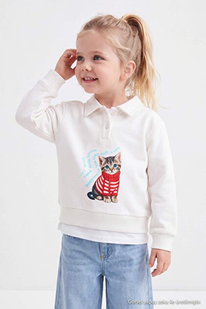 Ekru Pamuklu Kalın Kız Çocuk Baskılı Sweatshirt TKDAW27SW00069