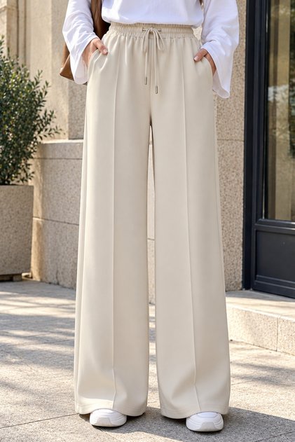 Women's Scuba Fabric Basic Full Length Striped Palazzo Trousers 3251 Beige - Premium Series