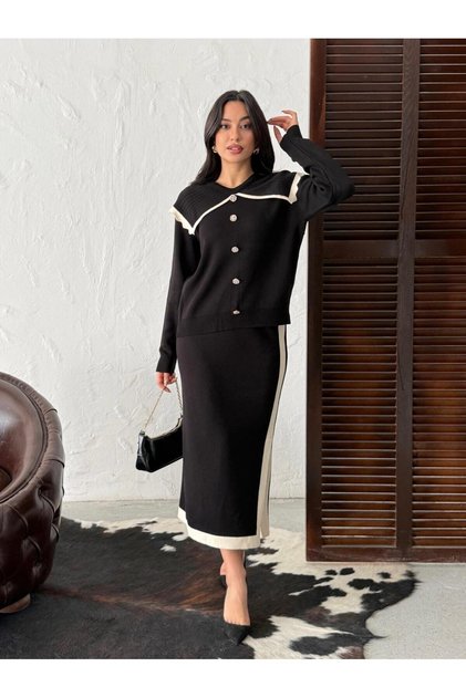 Collared Buttoned Cardigan Skirt Knitwear Two-Piece Set