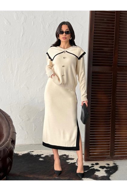 Collared Buttoned Cardigan Skirt Knitwear Two-Piece Set